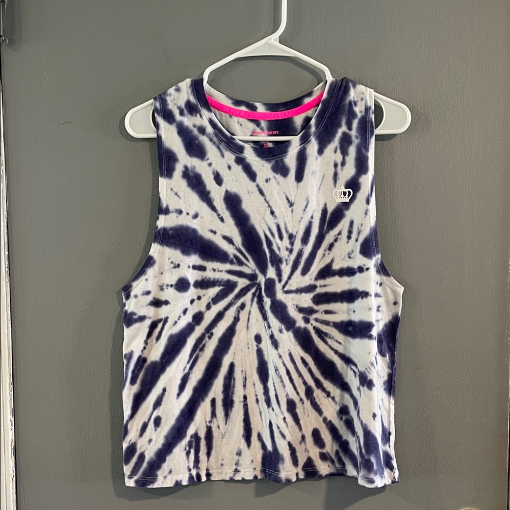 Juicy Couture Tie-Dye Muscle Tee in Navy and White with Pink Trim